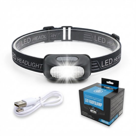 LED hoofdlamp met dubbele lampjes, verstelbare band, micro-USB kabel en verpakking.