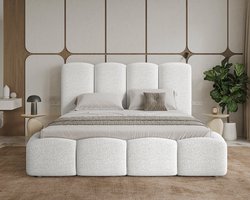 Gestoffeerd Tweepersoonsbed 180x200 cm met Opbergruimte – Luxe Bouclé Teddy Bed met Verticale Designpanelen en Lattenbodem – Fluffy Comfort Design – 225x201x105 cm – Wit – Abkantoor