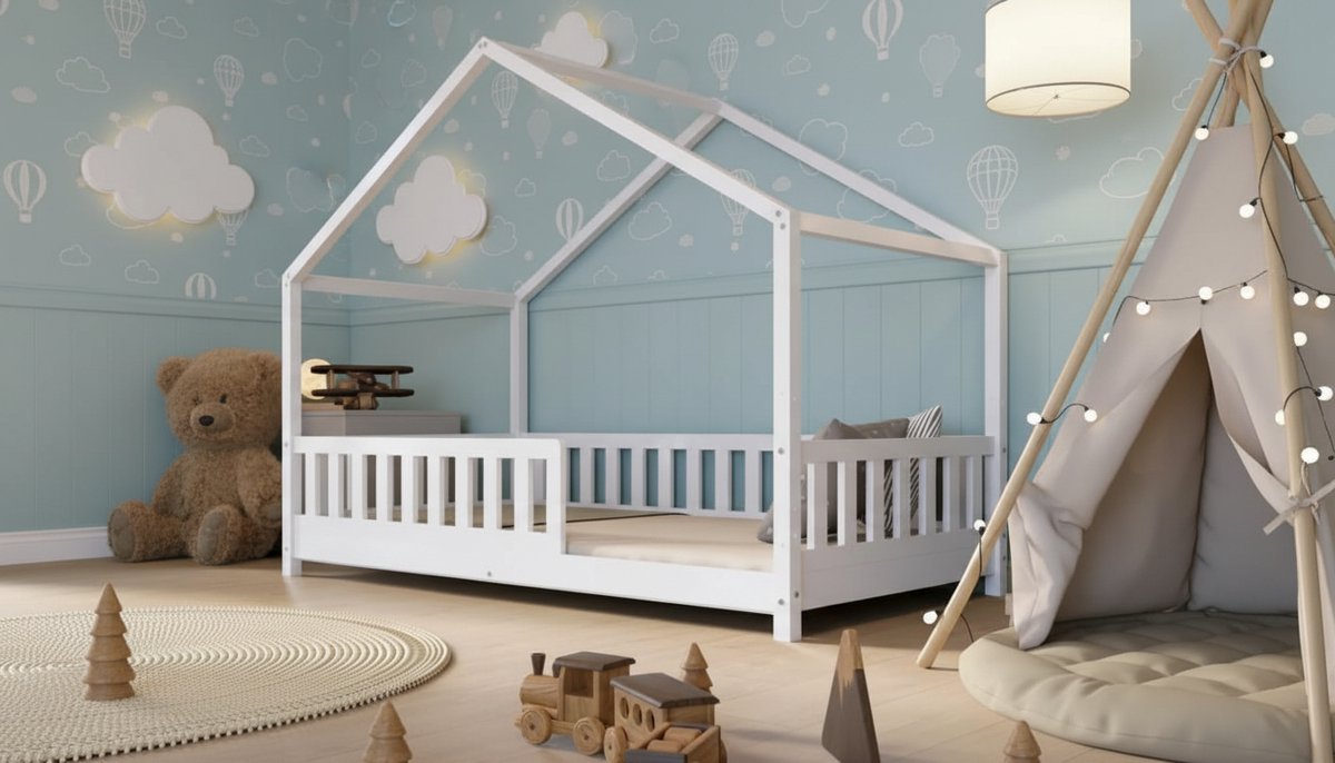 Cabin Bed Kinderbed 200x100 cm – Wit Houten Montessori Bed voor Kinderen – Casa Velluto Peuterbed met Verwijderbare Leuning, In Hoogte Verstelbare Poten, Veiligheidsrails & Scandinavisch Design – Duurzaam Massief Grenenhout