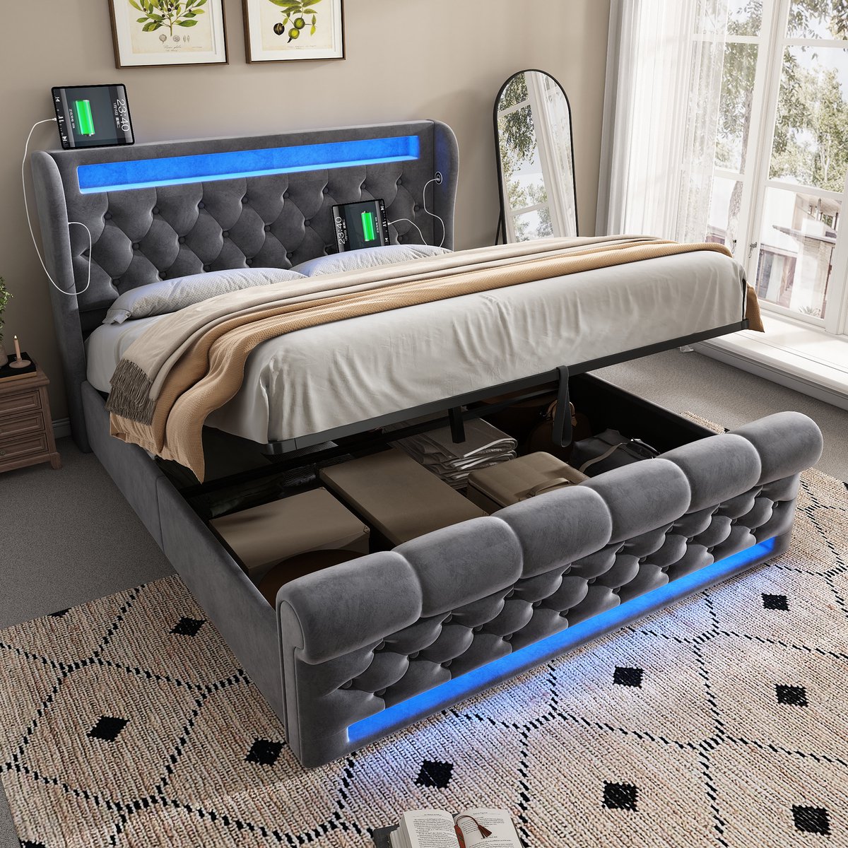 Modern Gestoffeerd Tweepersoonsbed 140x200cm, Gestoffeerd Bed met Ledverlichting, Opbergbaar Hoofdeinde met USB- en Type-C-poorten, Hydraulisch Opbergbed, Grijs, Fluweel (Exclusief Matras)
