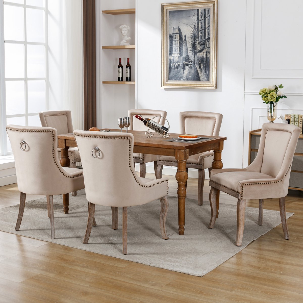 Eetkamerstoel - Set van 6 - Luxe Design met Siernagels - Massief Houten Poten - Fluweel - Beige
