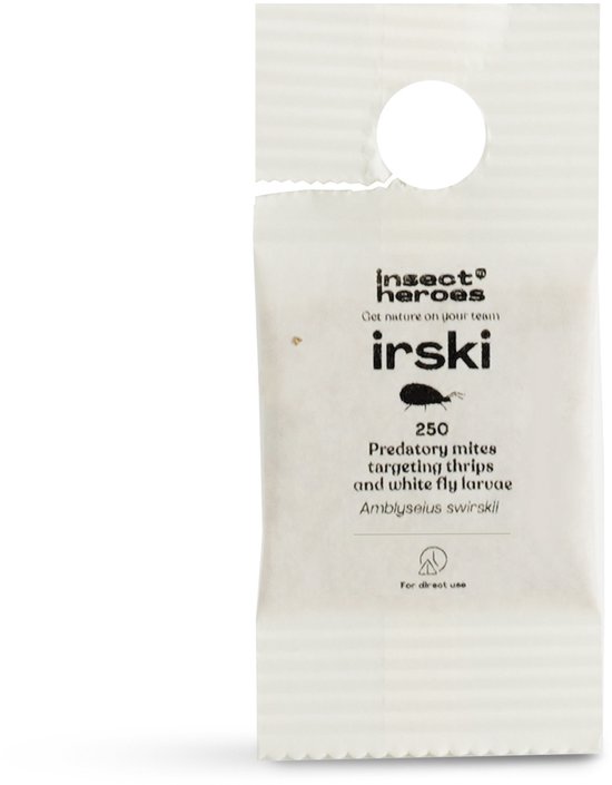 Een verpakkingszakje van Insect Heroes met 'Irski' en de tekst 'Predatory mites targeting thrips and white fly larvae'.
