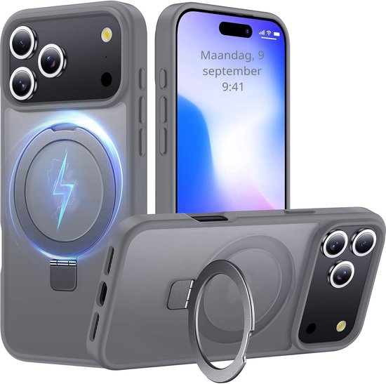 Grijze MagSafe hoes voor iPhone met drie camera-uitsparingen en ringstandaard.