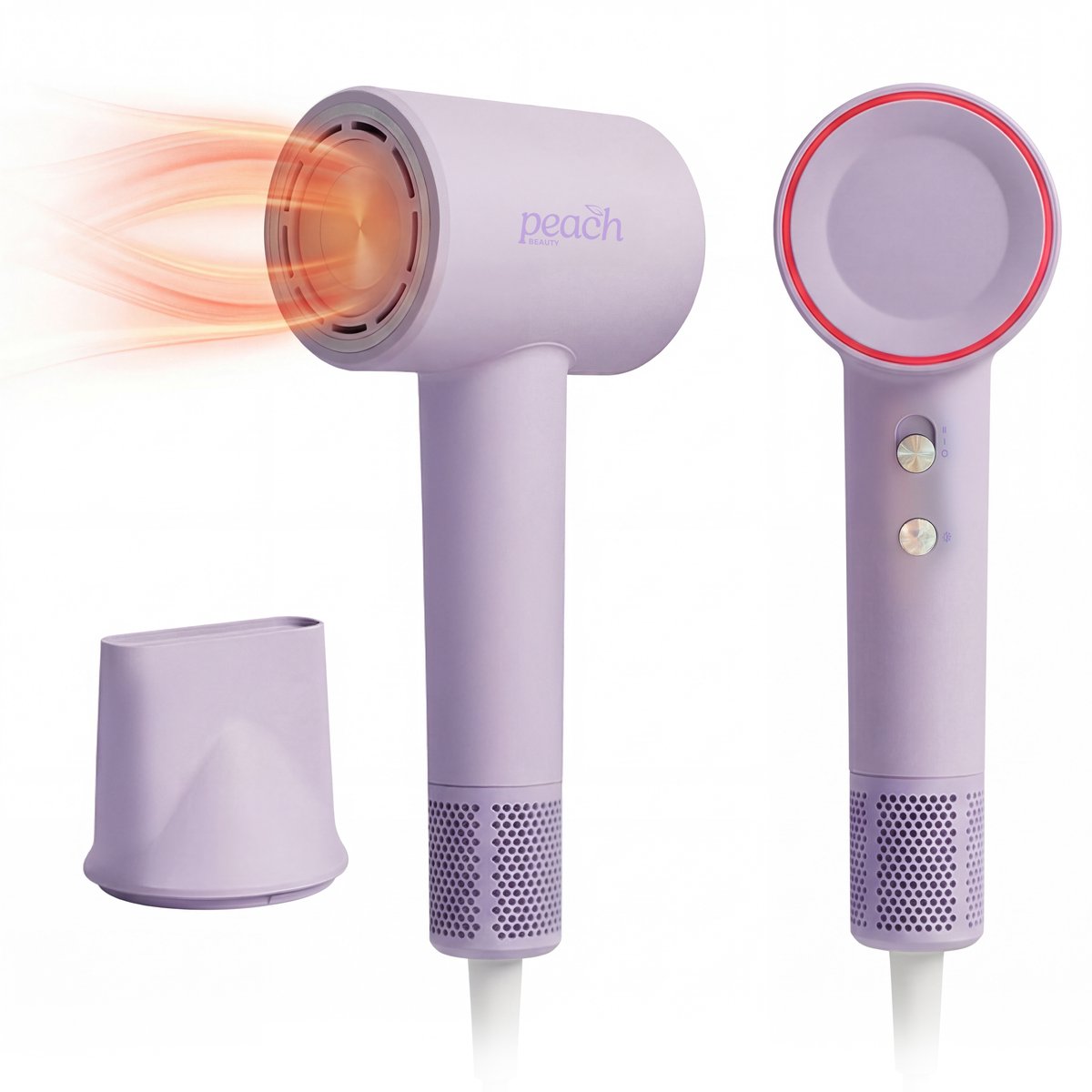 Ionische Föhn - 1600W - Ultrasnelle Droogtijd - 102.000 RPM - Incl. Magnetische Styling Nozzle - Stil in Gebruik - Ionische Technologie - Haardroger Krullen - Reisföhn - Airstyler - 27,5 x 7 x 9 cm - Paars - Peach Beauty