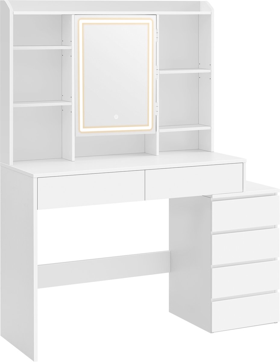 Vasagle Kaptafel - Kaptafel met LED-Verlichting - Spiegel met Instelbare Helderheid - Lades en Open Vakken Wolkenwit