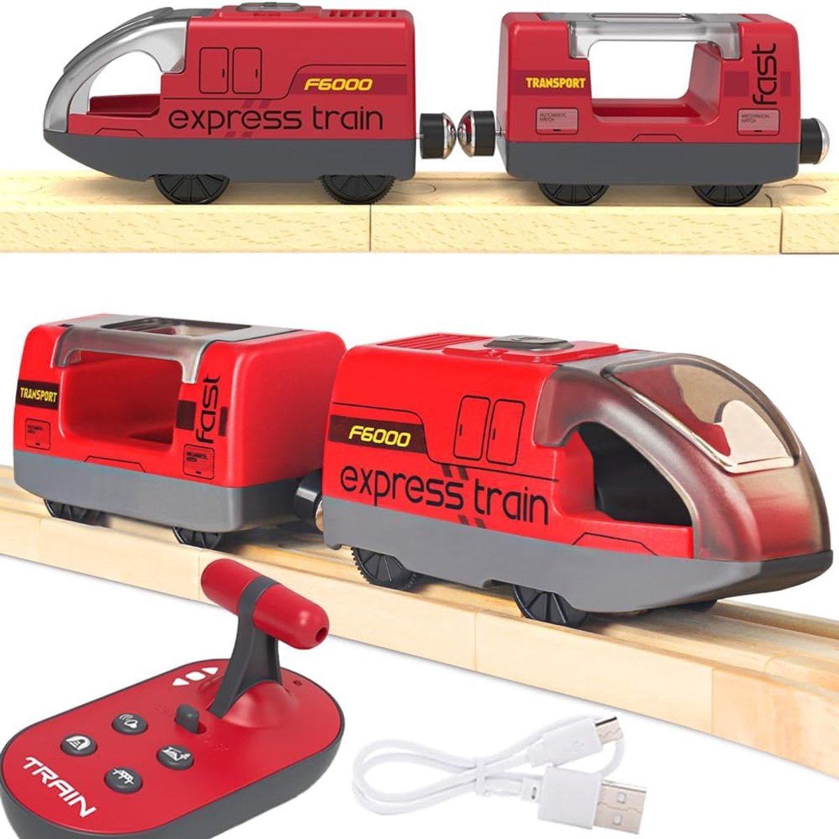 Gemotoriseerde houten trein met afstandsbediening en magnetische verbinding - Trein op batterijen voor peuters van 3-7 jaar (rood)