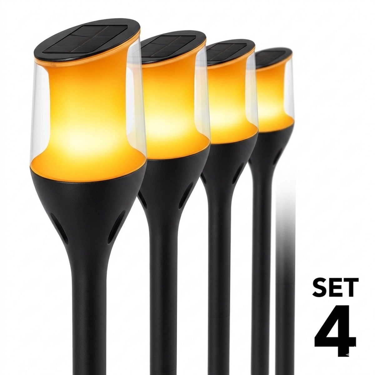 ZOLUNA Anky Solar Priklampen - Set van 4 - Realistisch Vlam-effect - Tuinverlichting op Zonne-energie - IP64 Waterdicht - 15 Branduren - Zwart