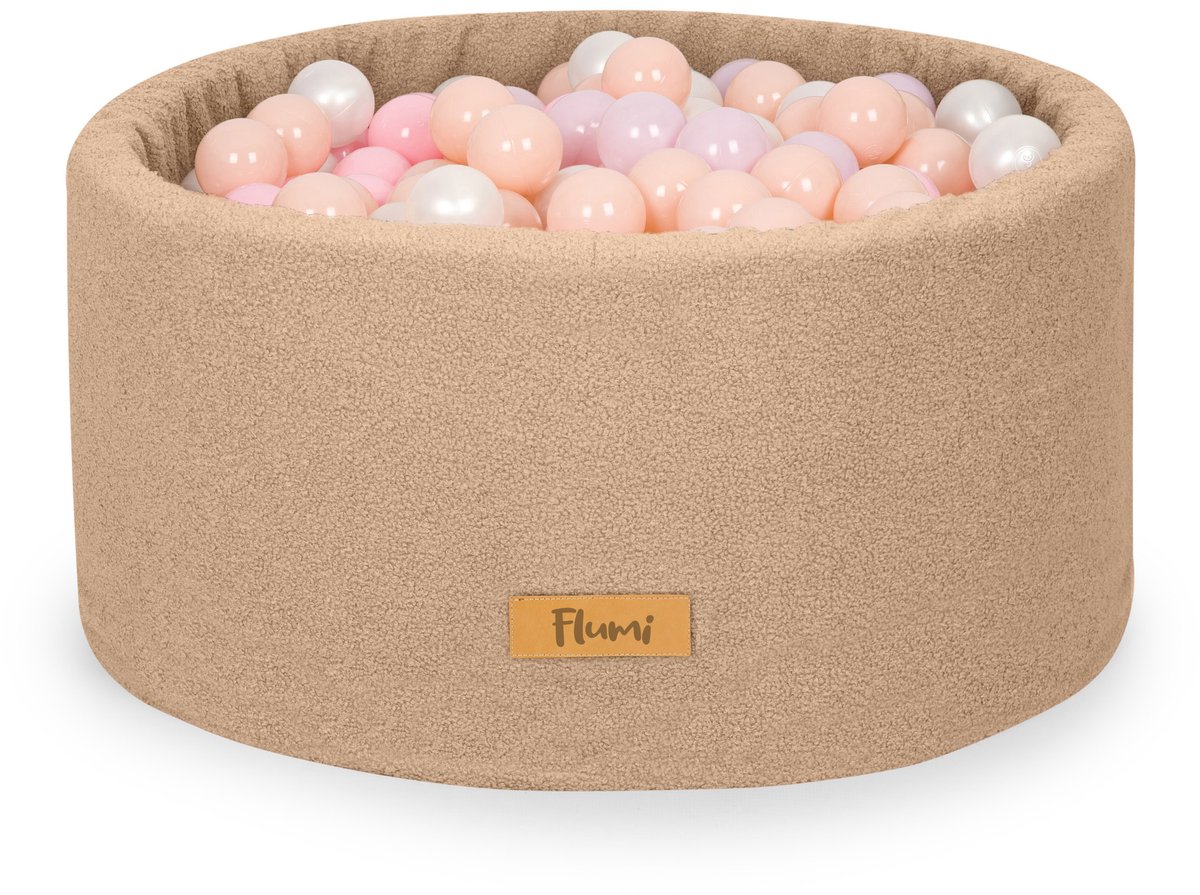 Flumi - Schuim Kinder Ballenbad - Teddy Stof - Inclusief 200 Ballen - Afneembare Hoes - Donkerbeige met Roze en Perzik Ballen