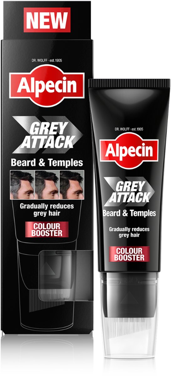 Alpecin Grey Attack Beard & Temples Colour Booster, 50 ml - Minder grijs haar in baard & slapen – Zichtbaar kleurresultaat na slechts 3 toepassingen – Innovatieve 5,6-DHI repigmentatie voor Mannen