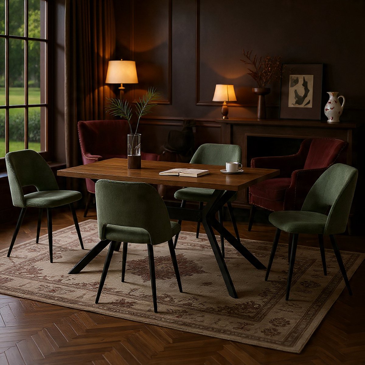 Moderne Luxe Kordfluwelen Eetkamerstoelen Set van 4 – NoviHome Design Comfort Stoelen met Ergonomische Rugsteun, Stabiele Metalen Poten, Verstelbare Antislip Voetjes – Groen – Voor Eetkamer, Woonkamer, Slaapkamer en Kantoor-NoviHome