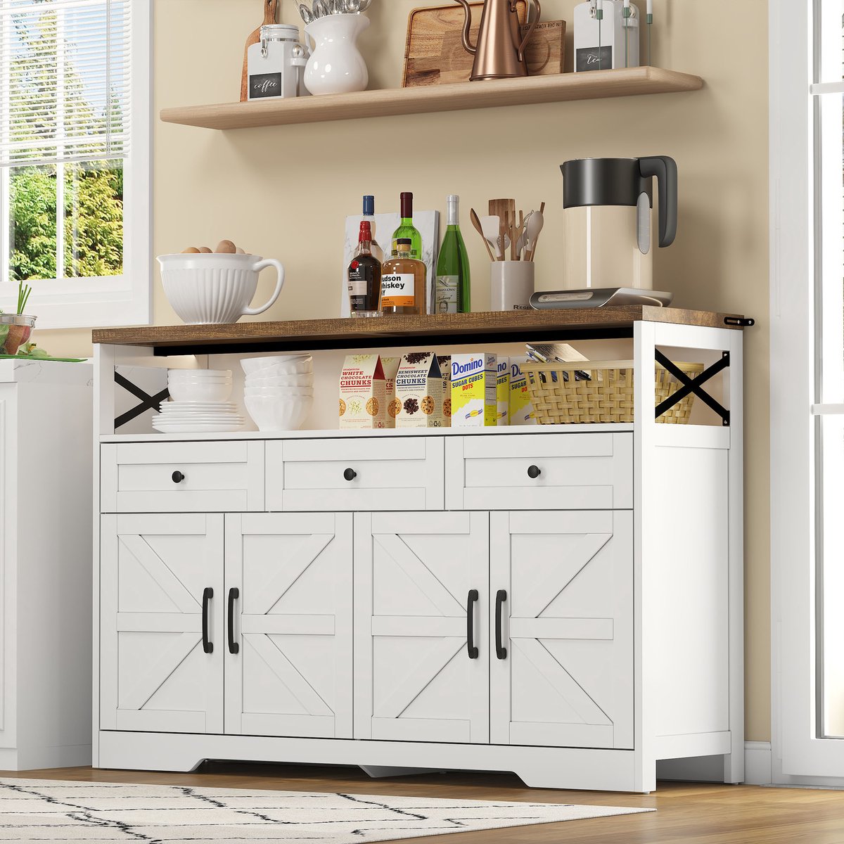 HAUSS SPOLE Buffetkast – Rustiek Modern Dressoir Met 3 Lades En 2 Kasten – Koffiebar/Console Voor Keuken Woonkamer Hal – MDF – 140x35x95 cm – Bruin/Wit