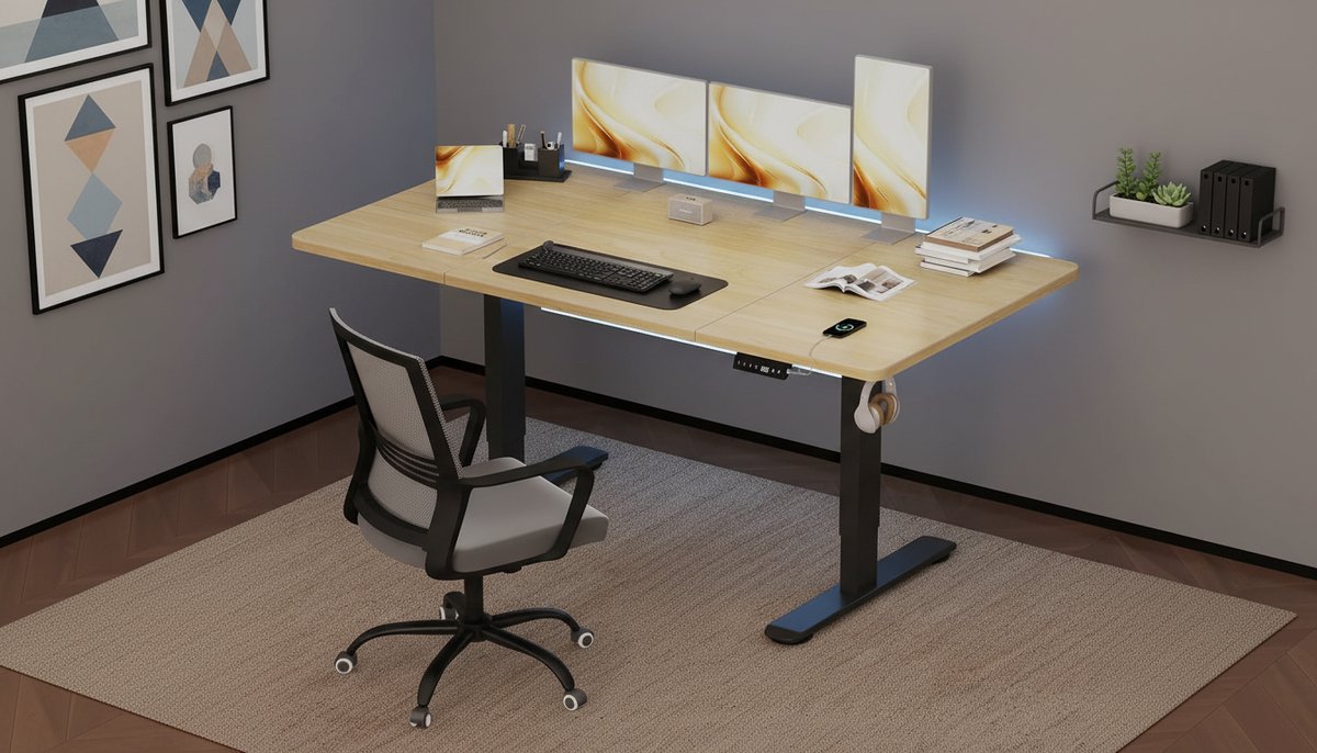 Electric Desk Casa Velluto Elevare XL – 160x80 cm – In Hoogte Verstelbaar Sta-Zit Bureau – Elektrisch Bureau met USB-Aansluiting, Kabelgoot, Ergonomisch Design en Moderne Beige Afwerking