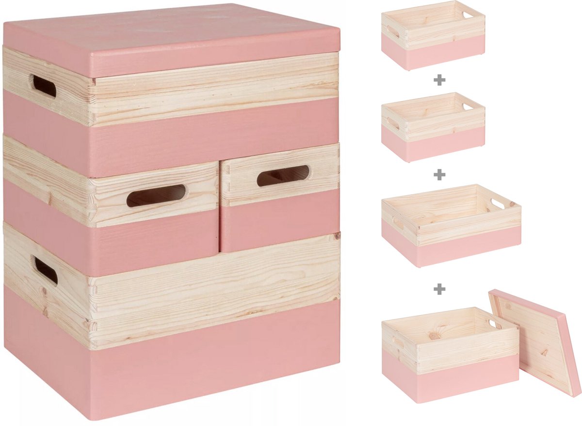 HAUDT® KIM Stapel Kist Set Framboos - 40 x 30 x 49 cm - 4 kistjes - losse deksel