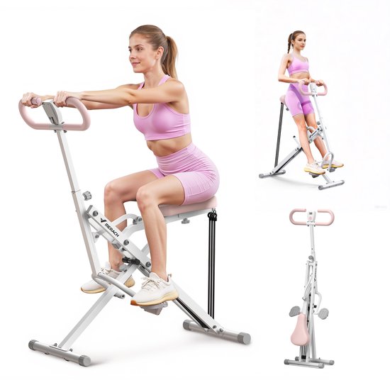 Vrouw op een wit fitnessapparaat met roze zadel en handvatten, in gebruik.