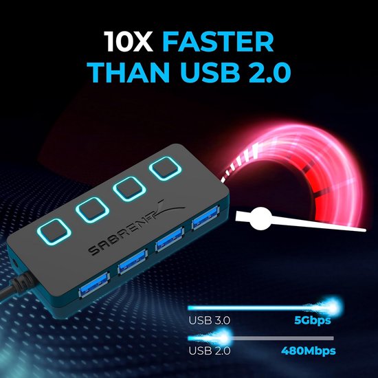 4-poorts USB 3.0 Hub met LED-verlichting en Power Switches — afbeelding 2