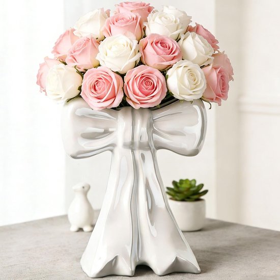 Witte iriserende vazen ​​met strik, tafeldecoratie, keramische vaas, moderne vaas, vintage vaas voor pampasgras, gedroogde bloemen, bloemenvaas, trouwvaas, tulpenvaas