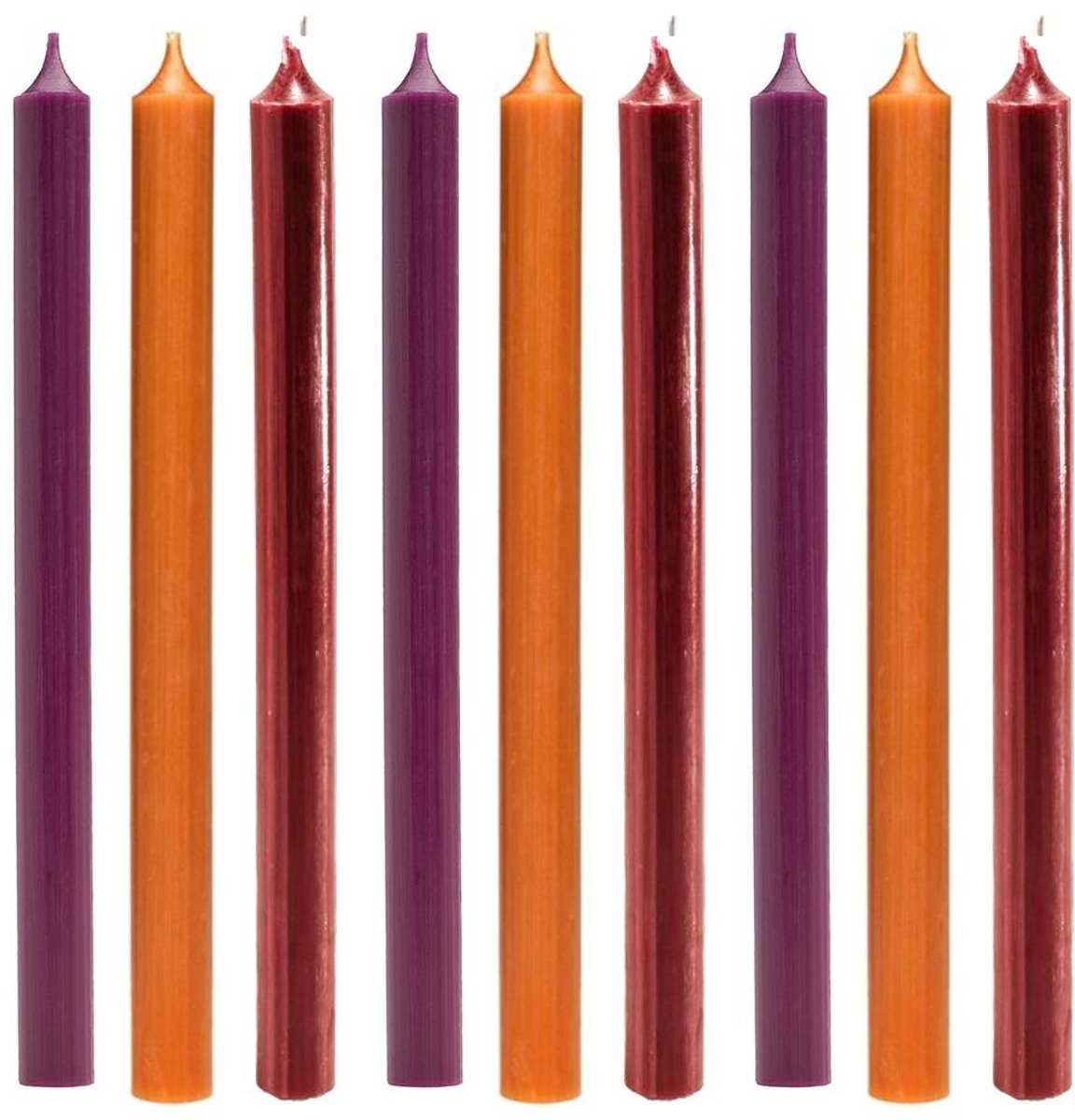 Cactula Luxe Dinerkaarsen Set – 9 Stuks – Aubergine, Oranje, Bordeaux – Lange Tafelkaarsen 28 cm – Ø 2,1 cm