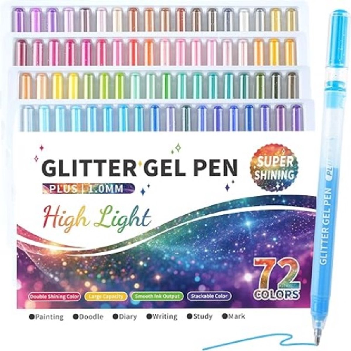 Namajunas - 72-delige Glitter Gelpennen Set – Dubbele Glans Metallic Kleuren – 1.0 mm Punt – Hoge Inktcapaciteit – Soepele Schrijfpenselen – Ideaal voor Adult Coloring, Journaling, Tekenen en Creatieve Kunstprojecten
