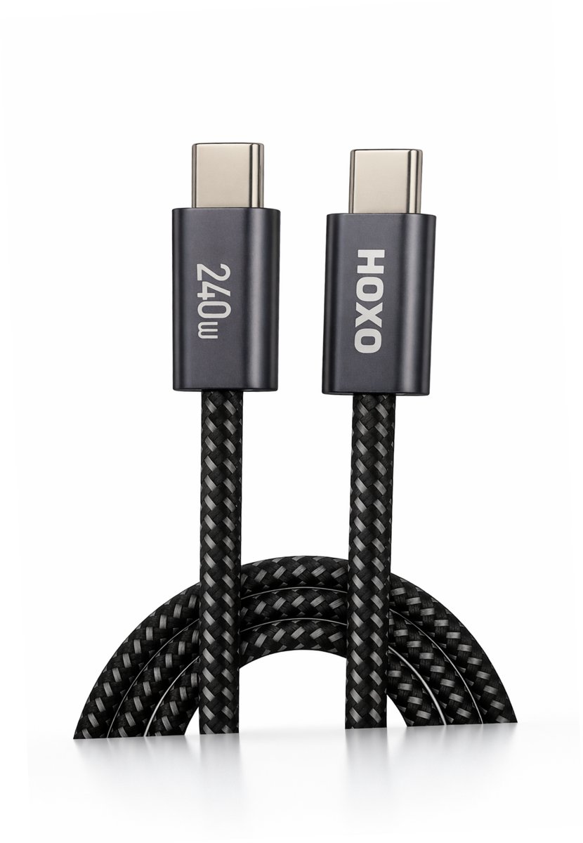 HOXO USB-C naar USB-C Kabel 240W – 2 Meter – Power Delivery – Snelladen – Gevlochten Oplaadkabel – Zwart