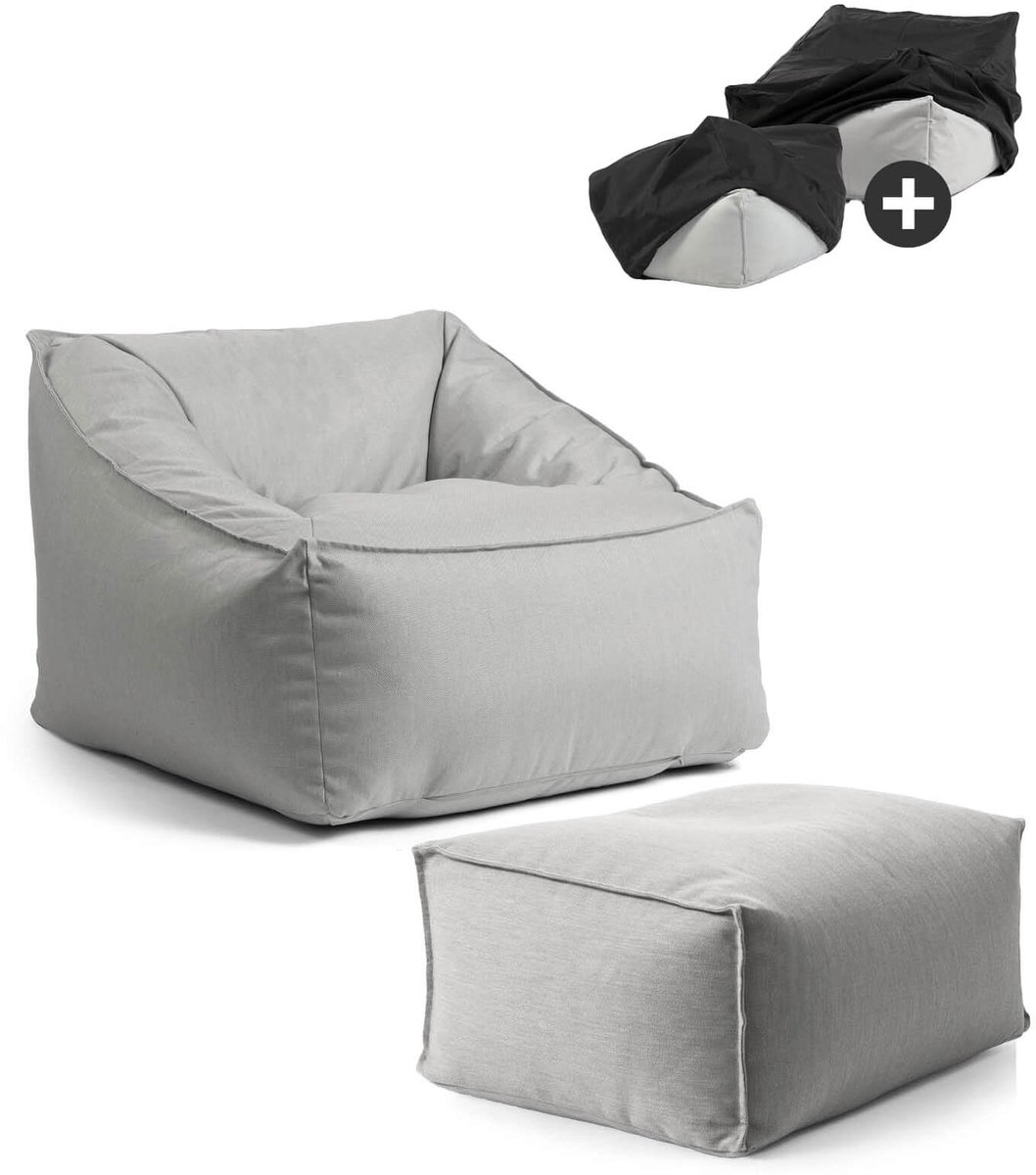 mokebo Lounge tuinstoel met hocker & beschermhoes 'Der Sunnyboy' Made in Germany, outdoor zitzak, beanbag met vulling, als ligkussen, tuinligbed, relaxstoel, vloerkussen of ligbed in Lichtgrijs