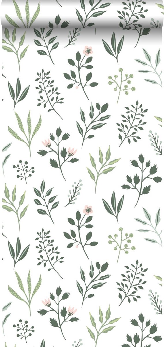 Proefstaal Walls4You behang veldbloemen groen en wit - 26,5 x 21 cm - 935320-S