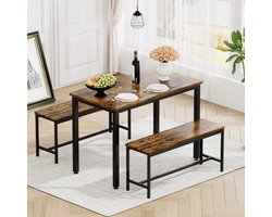 Pugsdrly Eettafelset, bartafel met 2 eetbanken, keukentafel met stoelen, industriële ontbijttafel voor keuken, woonkamer, feestzaal, rustiek bruin en zwart, 110*60*75 cm