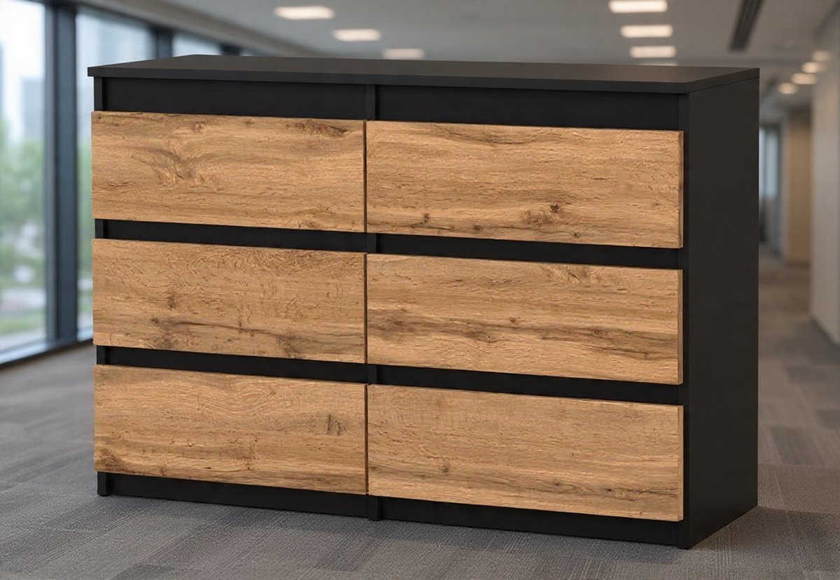 Commode met 6 laden - houten sideboard 100 x 71,5 x 33,5 cm (W/H/D) - smalle commode voor slaapkamer en hal - plank met laden - kast met laden (zwart mat - Wotan)-NoviHome