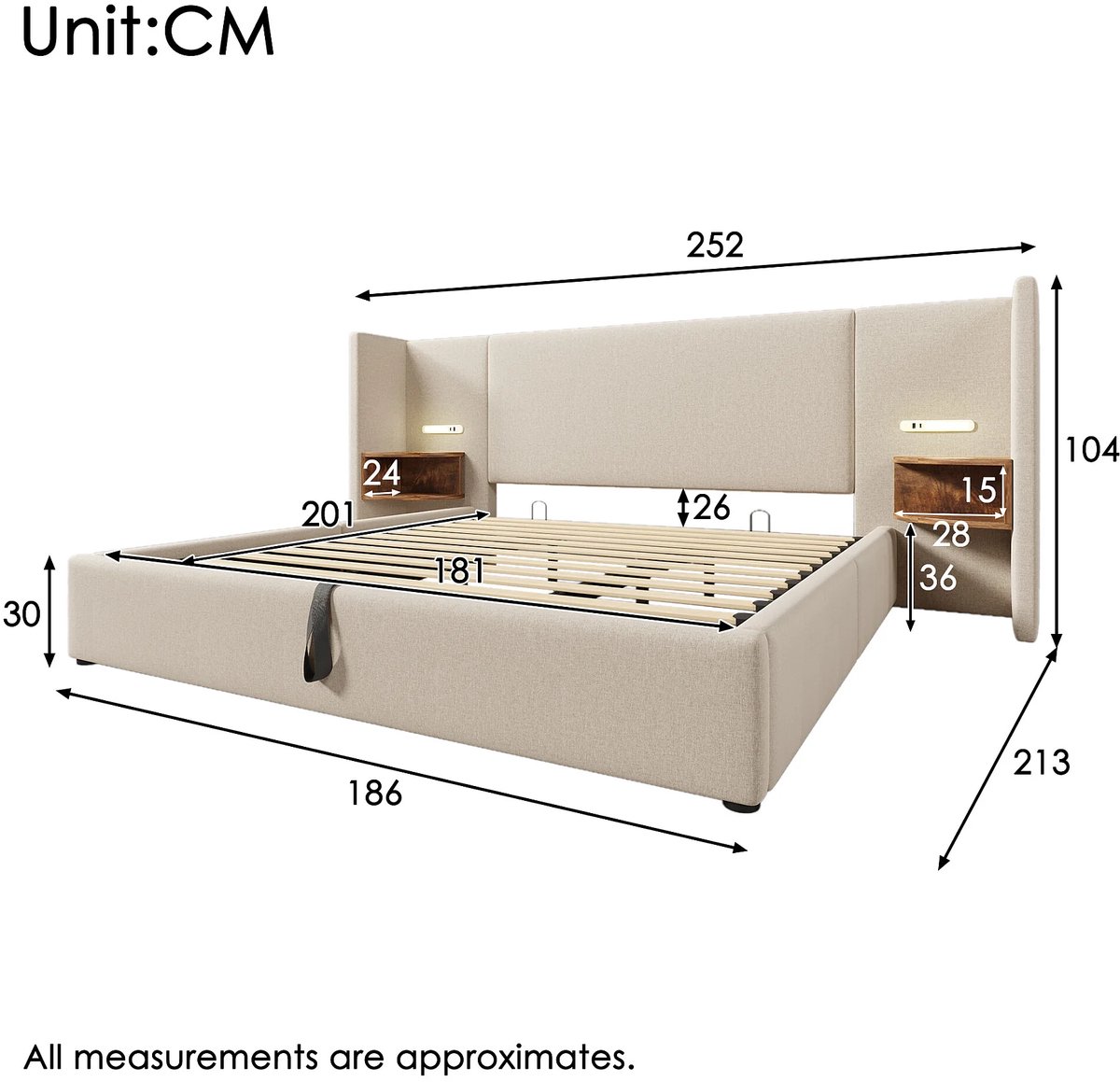Opbergbed 180x200 cm met LED Verlichting, USB & Type-C Oplaadstation, Luxe Linnen Gestoffeerd Hydraulisch Tweepersoonsbed met Multifunctioneel Hoofdbord & Leeslamp – 252x213x104 cm – Abkantoor