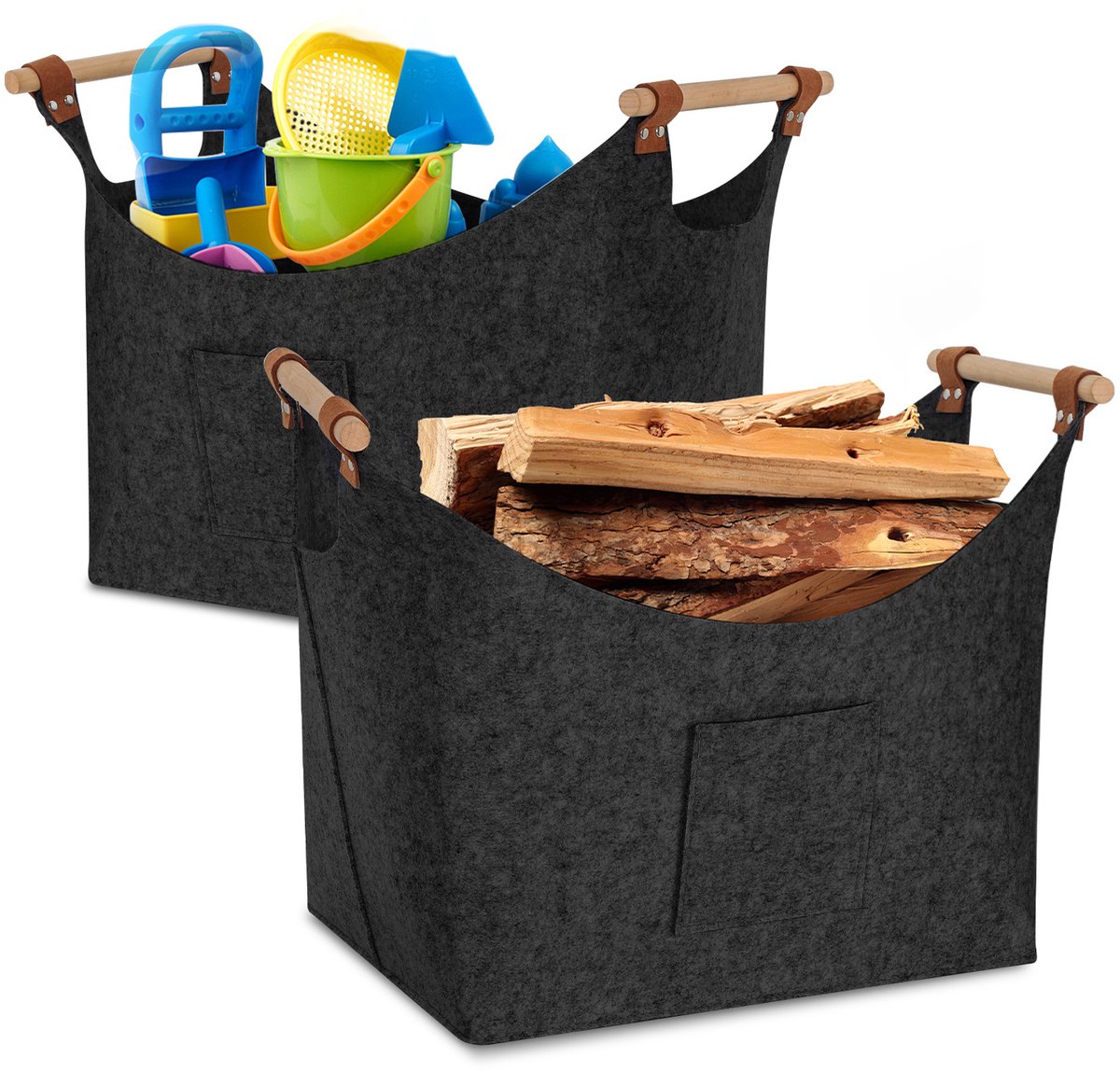 2x Houten mand voor haardhout - Houtmand vilt - opvouwbare brandhoutmand - Haardhoutopslag voor boodschappen, hout, krant of brandhout - 5mm - Donkergrijs