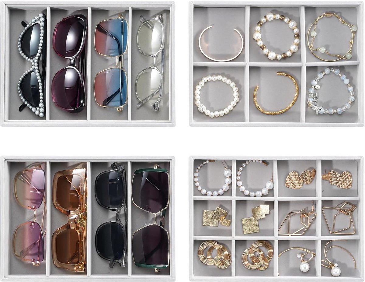 Sieraden en Zonnebril Organizers 2-Delige Set - Stapelbare Opbergdoos voor Oorbellen, Kettingen, Armbanden en Zonnebrillen - Grijs