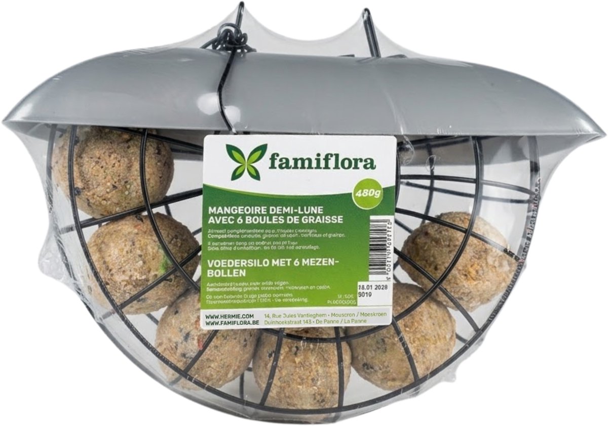 Famiflora Voedersilo met Mezenbollen - Buitenvogels - Inclusief 6 stuks - Makkelijk Vulbaar - Direct klaar voor gebruik - Inclusief 6 mezenbollen - Makkelijk hervulbaar