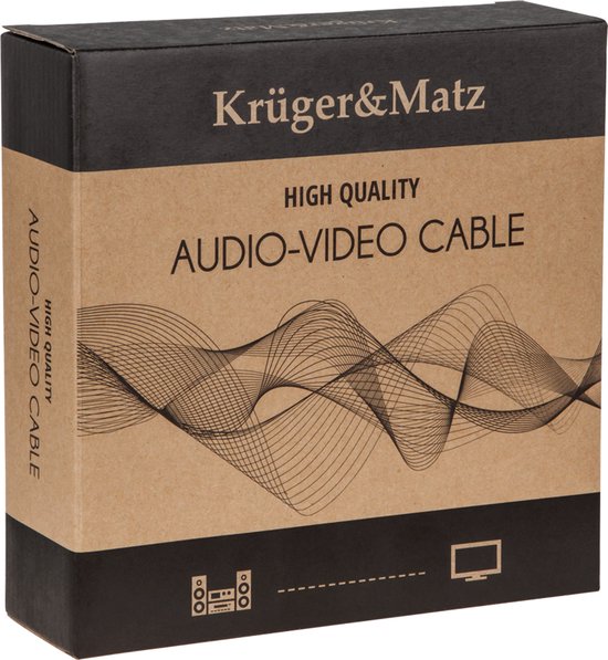 Kartonnen verpakking van Krüger&Matz voor een "HIGH QUALITY AUDIO-VIDEO CABLE" met een golfpatroon.