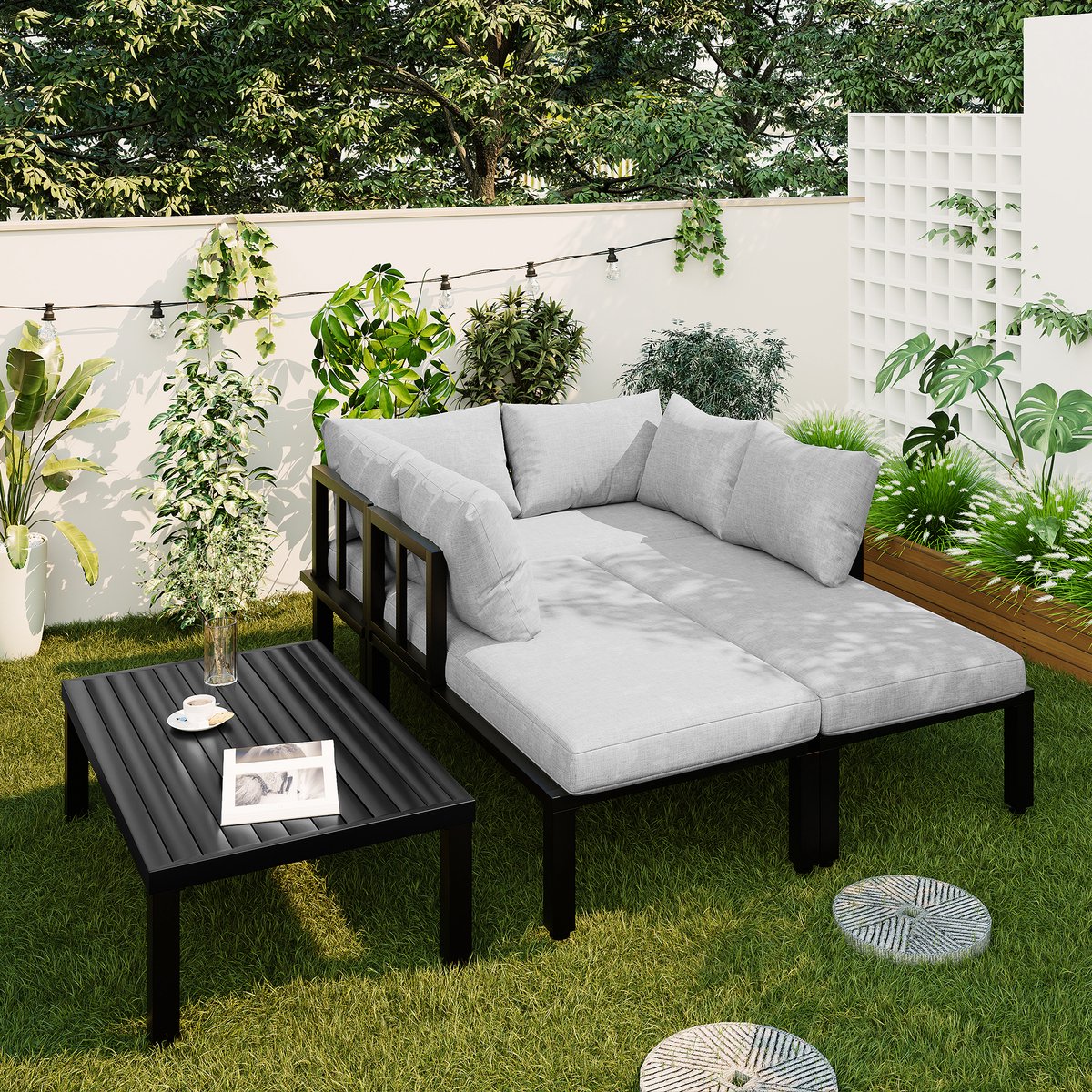 Tuinservies-set - Tuinmeubelset - Tuinontspanningsstoelen met gegalvaniseerd ijzeren frame - 6-persoonsset - Verstelbare poten - Afneembare rugleuningen - Modulaire bank - Tafelblad van gegalvaniseerd ijzer - Grijs