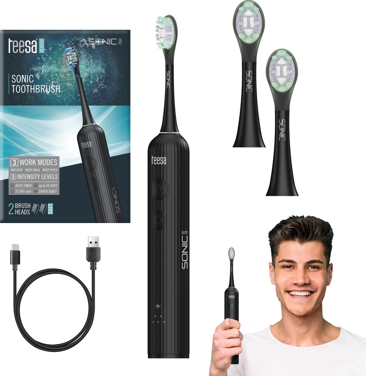 Teesa Sonic Elite - Sonische Tandenborstel - Zwart - Aanpasbare Intensiteit - Waterdicht IPX7