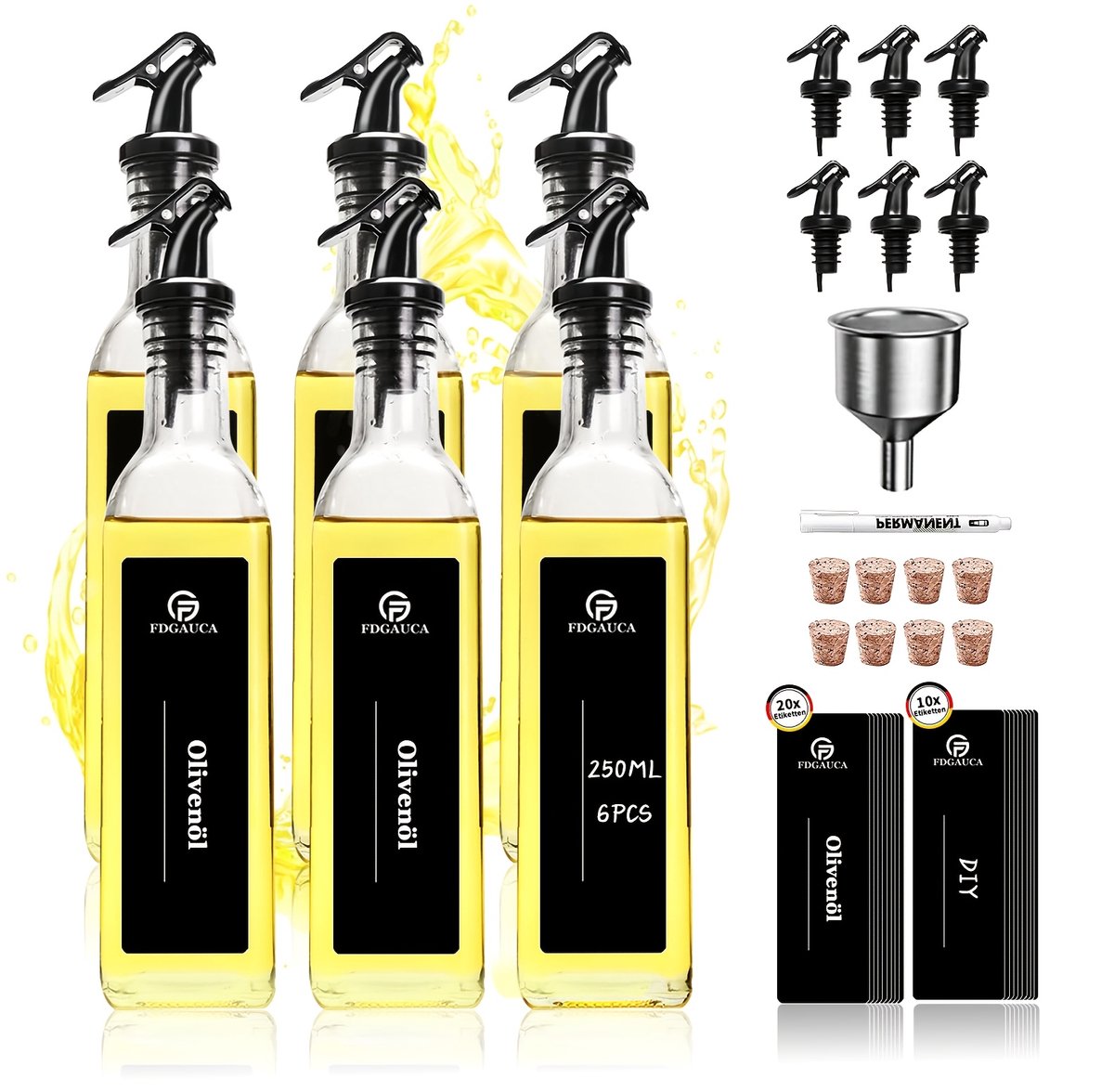 Olijfolie dispenser - 250 ml 6 glazen flessen- Olijfoliedispenser met trechter- azijn- en olieflessen- Voedselgraad glas met etiket-kurken.