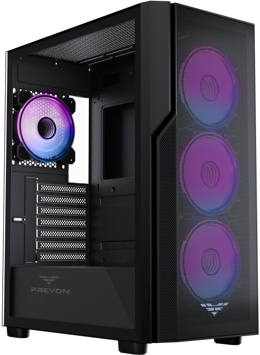 PREYON Nest Aero ARGB - Gaming Behuizing Mesh - USB-C - 4 PWM Fans - Gehard Glas - E-ATX Case - Zwart
