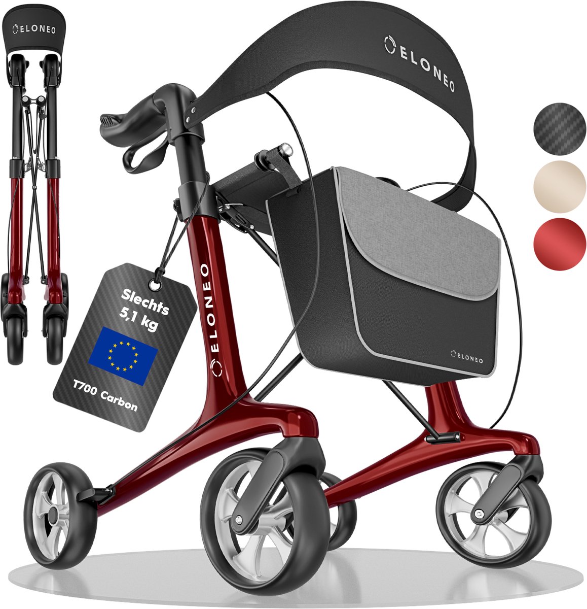 ELONEO Carbon Rollator – inklapbaar en licht met zitje, ultralicht 5,1 kg, wandelhulp voor senioren, 9-voudig in hoogte verstelbaar, met tas, rood - maat M