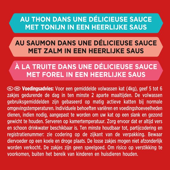 Samenstelling en voedingsadvies voor kattenvoer met tonijn, zalm en forel in saus.