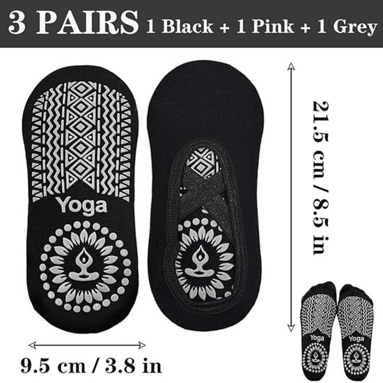 Antislipsokken - Set van 3 paar - Yoga- & Pilates-sokken - Voor dames & meisjes - Gripsokken - Vloersokken - Met antislipnoppen & bandjes - One size fits all - Ademend - Ideaal voor fitness & ballet. van Merkloos — afbeelding 5