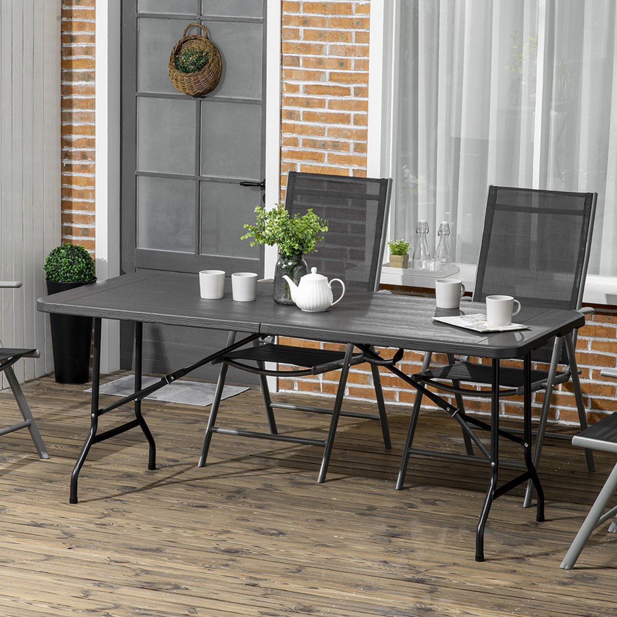 Pugsdrly Buitentafel, tuintafel, voor 6 personen, opklapbaar, houtlook, donkergrijs, 180 x 75,5 x 73 cm