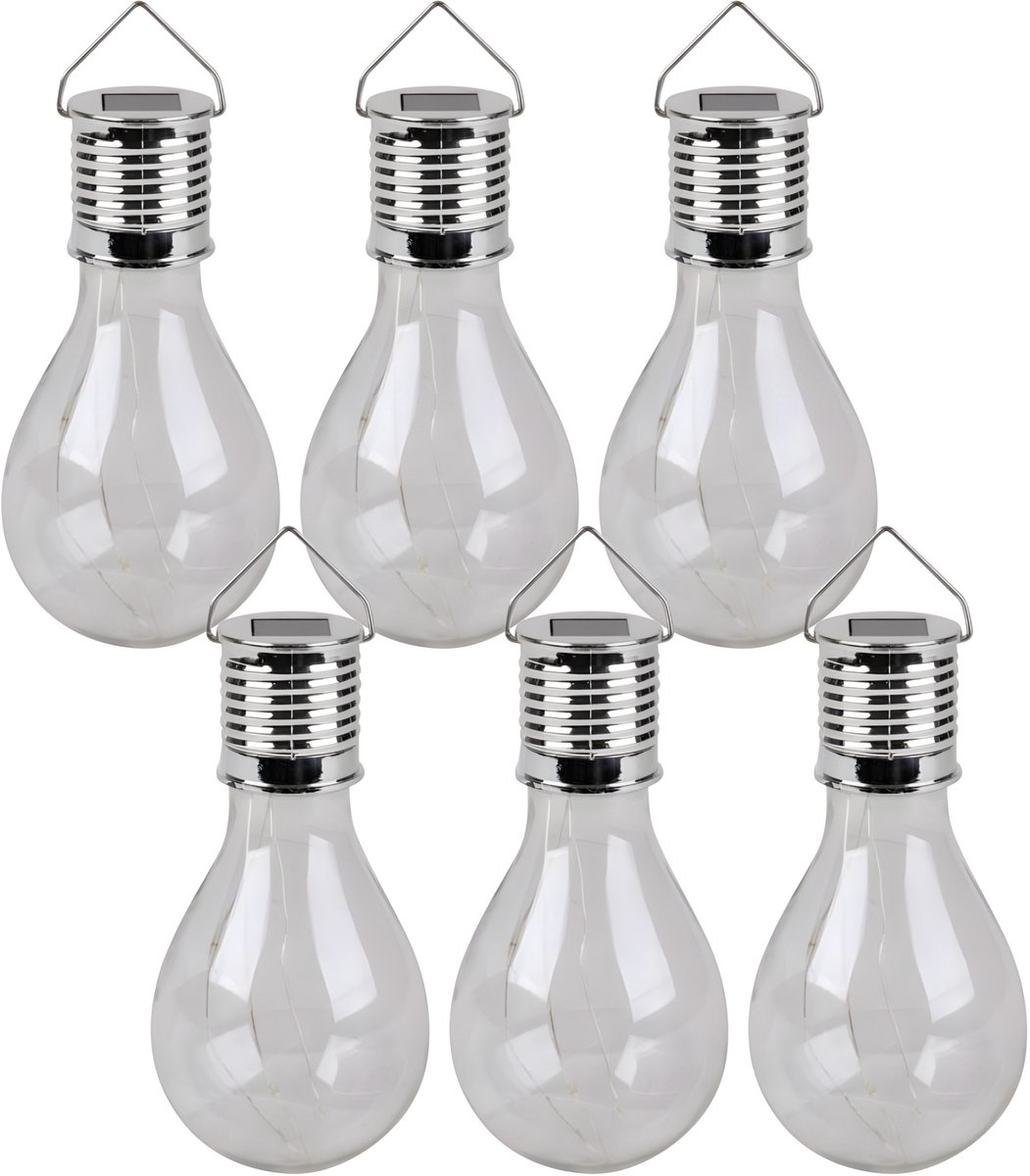 Sunnydays Solar sfeer hanglamp - 6x - tuin - lampenbol - wit - glas - 15 cm - ophang haakj
