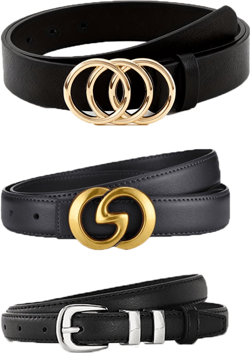 3pcs Women'S Fashion Belt Set, Minimalist Geometric Design with Three, Double, and Single Alloy Buckle Headings in Solid Color Belts, Classic Versatile Style for Jeans, Dresses, Casual Attire, Office, Perfect Gift Choice