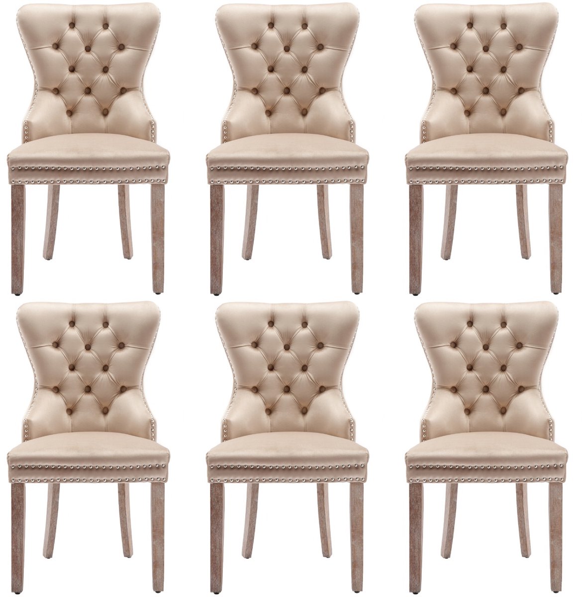 ROSAHQNDA Set van 6 massief houten eetkamerstoelen met fluwelen bekleding, siernagels, geschikt voor de keuken of woonkamer, beige