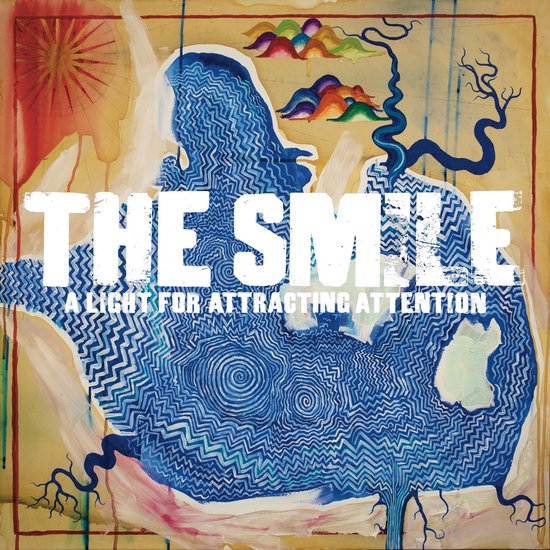 Albumhoes met een grote blauwe, golvende figuur, abstracte vormen, een rode zon en de tekst 'THE SMILE A LIGHT FOR ATTRACTING ATTENTION'.