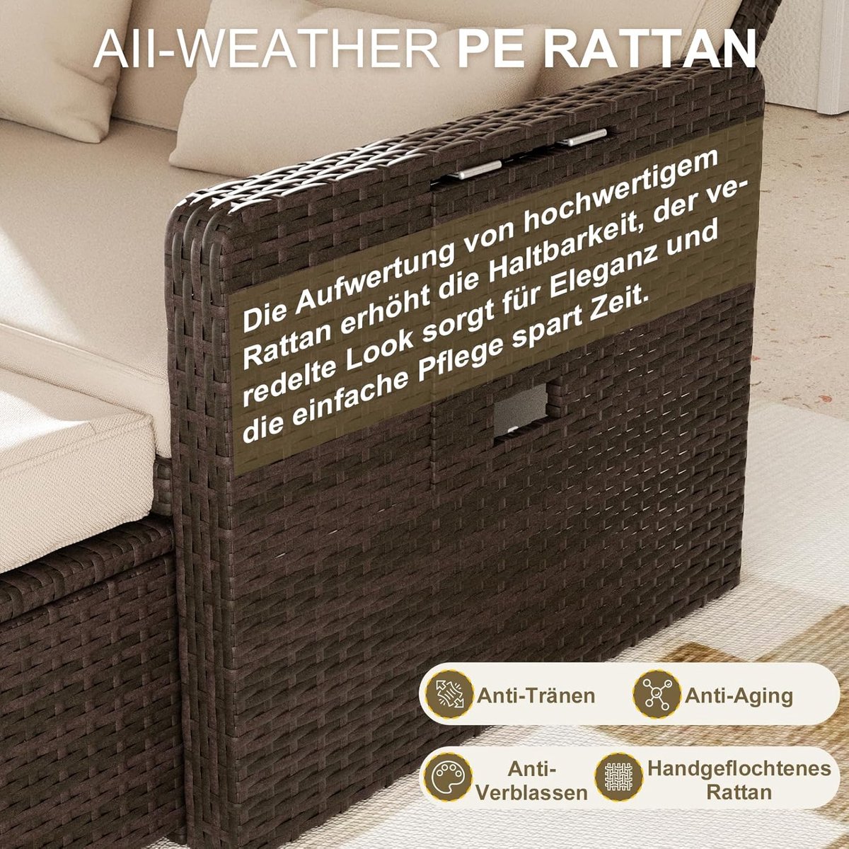 Rotan Loungeset 2-persoons Tuinbank met Opbergruimte en Verstelbare Rugleuning 135 x 165 x 95 cm – Weerbestendig PE Rotan, Met Kussens en Gasveren – Balkon & Tuin Bank – Laura