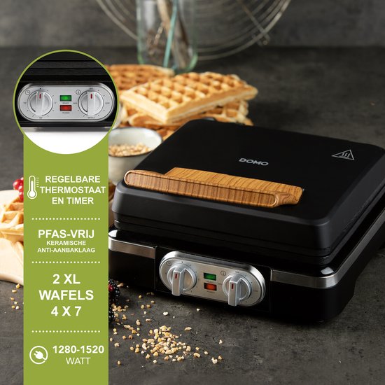 DOMO DO9281W Wafelijzer - XL wafels 4x7 - Belgische Wafels - PFAS-vrij - 1520 W - Timer - Zwart van Domo — afbeelding 2