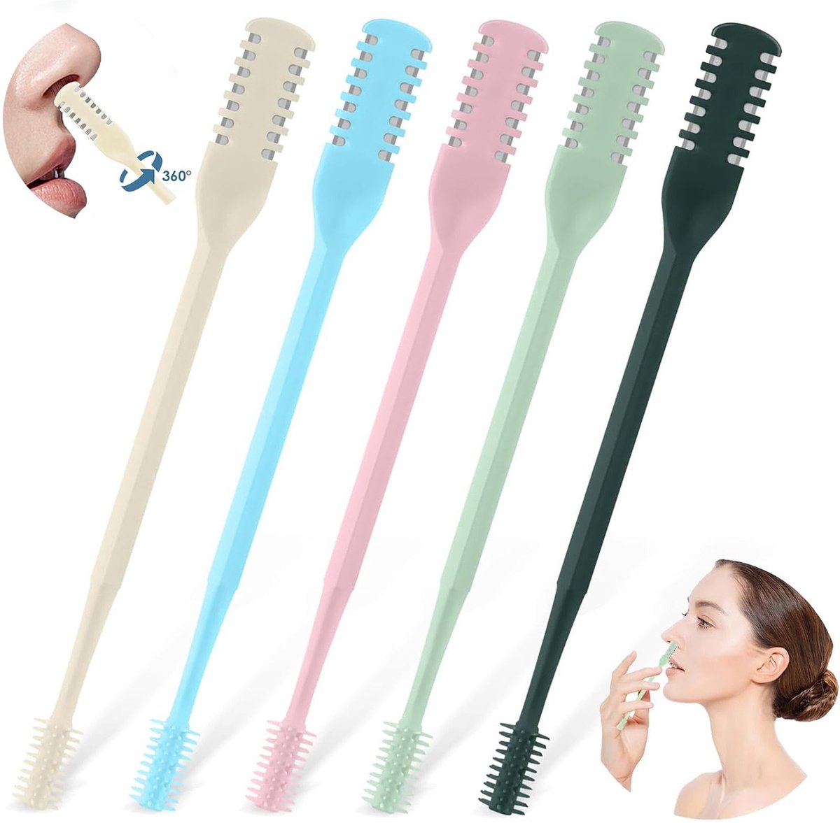Taishengda - Neushaartrimmer 5-delige set 2-in-1, 2026 Nieuwe dubbelzijdige neushaartrimmer. Draagbare, 360° draaibare handmatige neushaartrimmer voor mannen en vrouwen, handmatige ontharingsset voor thuis en op reis