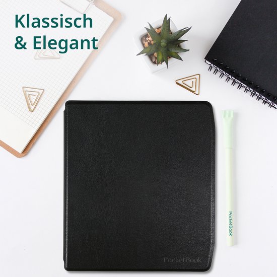 Zwarte, stijlvolle e-reader hoes op een bureau met kantoorbenodigdheden.