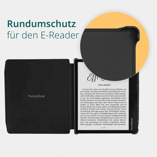 Zwarte e-reader hoes die een e-reader beschermt, met detail van de hoeken.