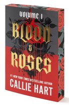 Boek "Blood & Roses Volume 1" van Callie Hart met een rode voorkant, gouden letters en een zwart schedel- en rozenmotief.